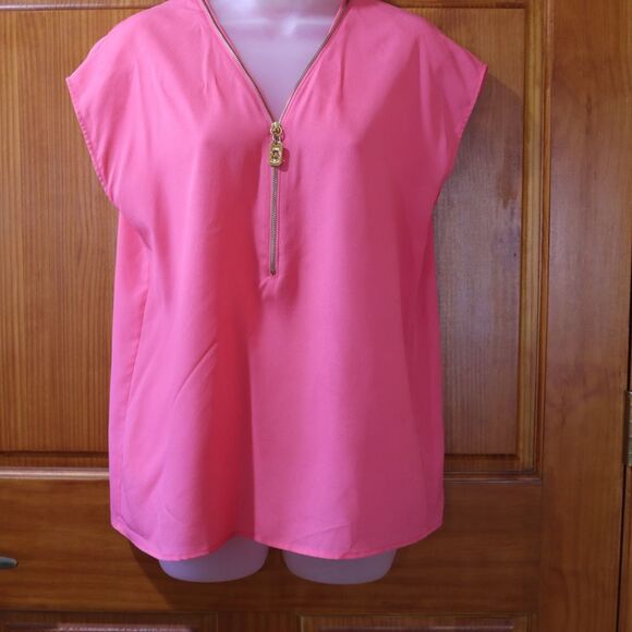 Michael Michael Kors Hot Pink Gold Zip V-Neck Blouse Relaxed Cap Sleeve Medium - Picture 2 of 10